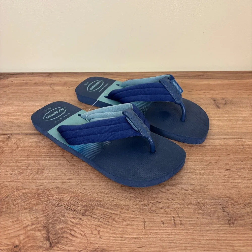 HAVAIANAS Urban Print Flip Flop Navy Blue Stripe Men Size 9/10 Pool Cotton Strap
